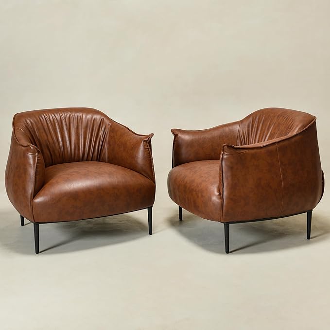 KINWELL 33" W Faux Leather Barrel Chairs Set of 2 with Hand-Tufted Pleated Back Flared Arms, Modern PU Upholstered Accent Chairs with Metal Legs, Large Armchairs Lounge Chairs for Living Room, Brown
