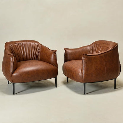 KINWELL 33" W Faux Leather Barrel Chairs Set of 2 with Hand-Tufted Pleated Back Flared Arms, Modern PU Upholstered Accent Chairs with Metal Legs, Large Armchairs Lounge Chairs for Living Room, Brown