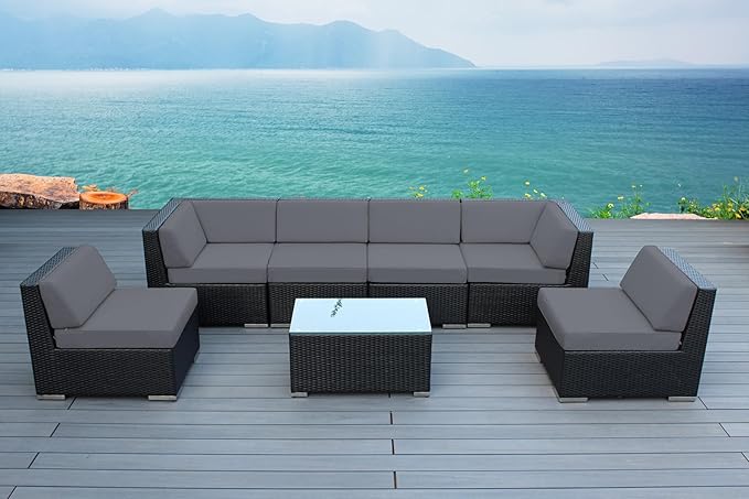 7-Piece Outdoor Patio Wicker Furniture Set, No-Assembly Sectional Sofa with Weather-Resistant Cushions, All-Weather Conversation Set (Supercrylic Gray)