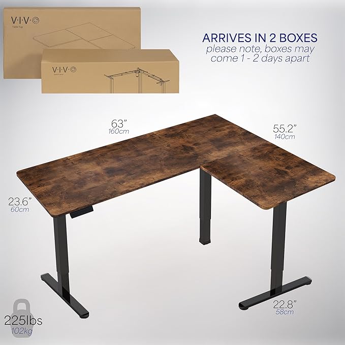 VIVO Corner Standing Desk, 63 x 55 inch Reversible L-Shaped Workstation, Electric Height Adjustment, Home, Office, and Reception Rooms, Rustic Vintage Brown Table Top White Frame, DESK-E3CTWN
