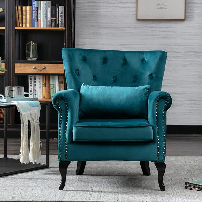 chairus Mid-Century Modern Accent Chairs Set of 2, Comfy Tufted Single Sofa Chair Wingback Armchair with Pillow for Club, Living Room, Bedroom - Velvet, Teal