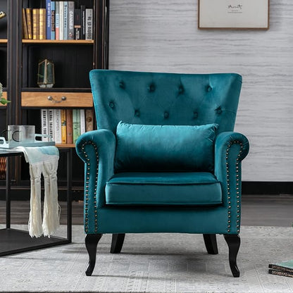 chairus Mid-Century Modern Accent Chairs Set of 2, Comfy Tufted Single Sofa Chair Wingback Armchair with Pillow for Club, Living Room, Bedroom - Velvet, Teal
