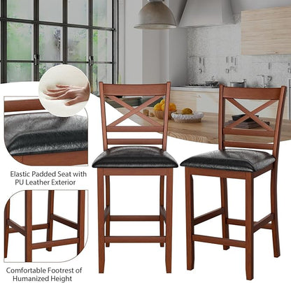 COSTWAY Barstools Set of 4, 25” Counter Height Mid Century Modern Island Chairs with Back, Soft Cushion & Faux Leather Seat, Wooden Armless Kitchen Stools for Home, Cafe Shop, Restaurant, Pub