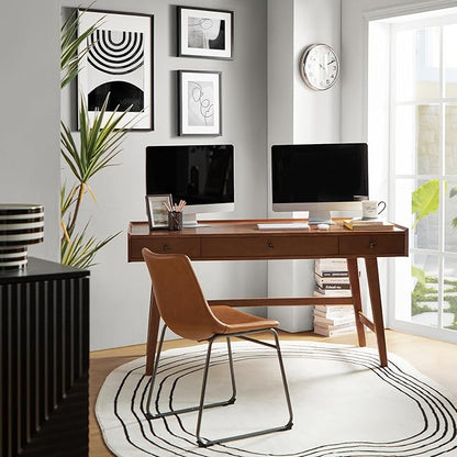 HULALA HOME Home Office Desk with 3 Drawers & Solid Wood Legs, Writing Table with Charging Station & Cable Management, Mid Century Modern Desk for Bedroom/Living Room/Study/Workstation, Acorn