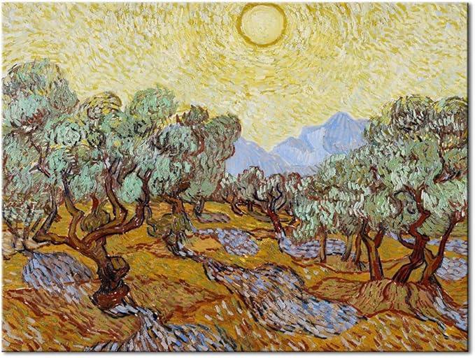 Wieco Art Olive Trees with Yellow Sky and Sun Canvas Print of Vincent Van Gogh Wall Art Paintings Reproduction Field Pictures Artwork for Wall Decor and Home Decorations VAN-0071-3040