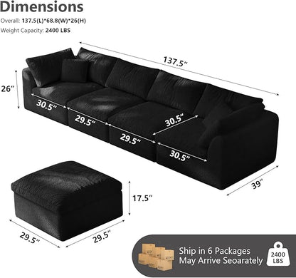 138" Boneless Cloud Couch Modular Sectional Sofa with Deep Seat for Living Room, L Shape Couch with Ottoman, Snowflake Cloth and 40D Memory Sponge，2 Throw Pillows (Black, 4 Seater+4 Ottoman)