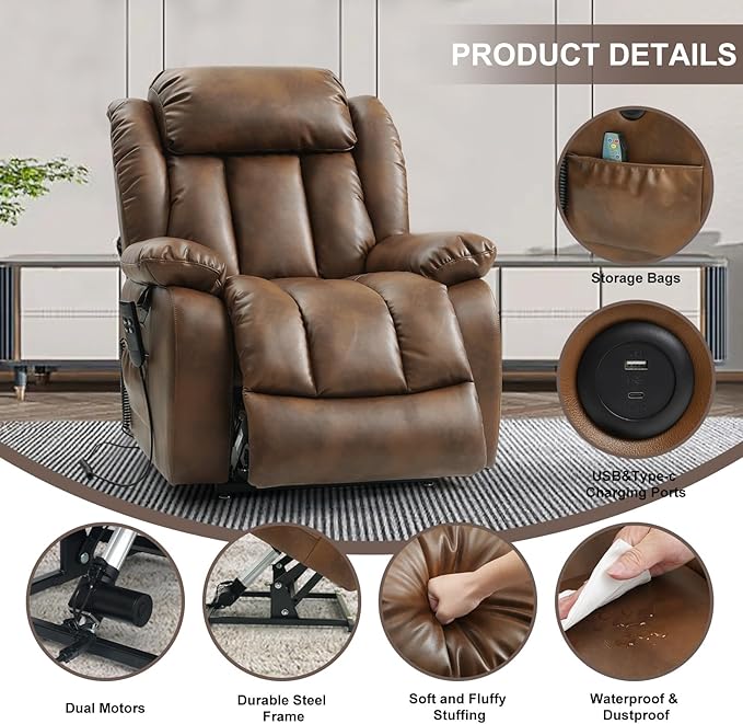 Dual Motor Large Power Lift Recliner Chair for Elderly with Heat and Massage,Lay Flat Lift Chairs Recliners for Seniors Infinite Position,USB Ports&Remote, Leather(Ochre, Medium)