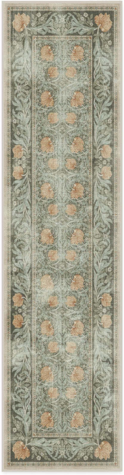 RUGGABLE x Morris & Co Machine Washable Runner Rug – Pimpernel Vintage Green 2.5x10, Stain-Resistant, Non-Slip – Washable Rug for Hallway, Entryway, Living Room & Kitchen–with Standard Pad