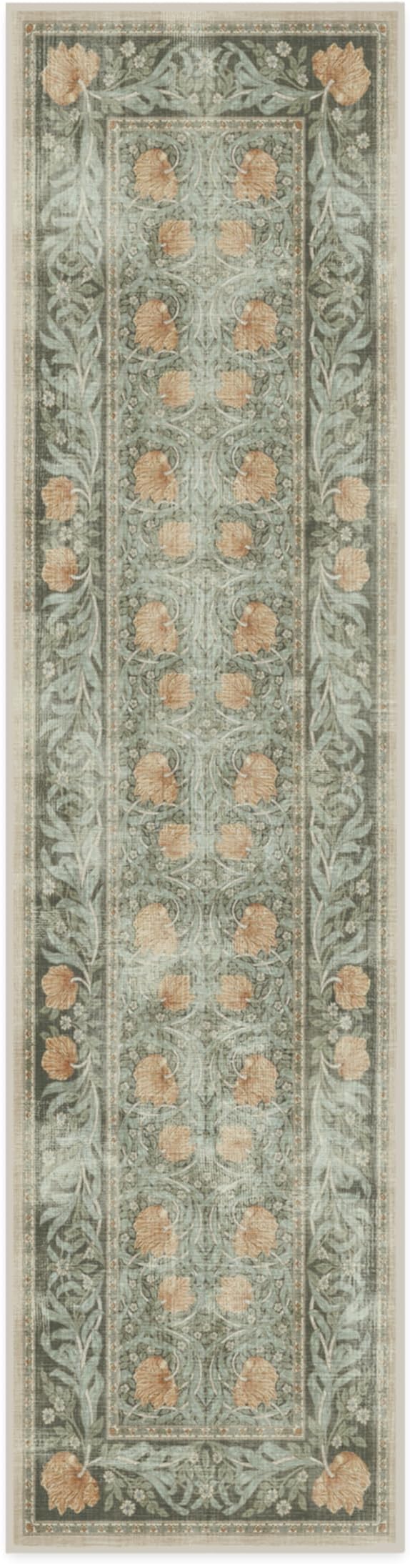 RUGGABLE x Morris & Co Machine Washable Runner Rug – Pimpernel Vintage Green 2.5x10, Stain-Resistant, Non-Slip – Washable Rug for Hallway, Entryway, Living Room & Kitchen–with Cushioned Pad