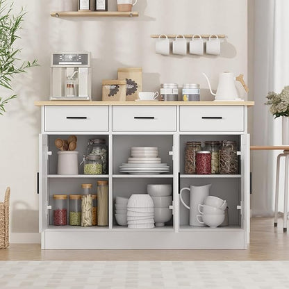 Buffet Cabinet with Storage - Buffets & Sideboards Kitchen Storage Cabinet, Wood Console Table Coffee Bar Accent Cabinets for Living Room Dining Room Entryway Large 3 Doors & Drawers, White 47.2"W