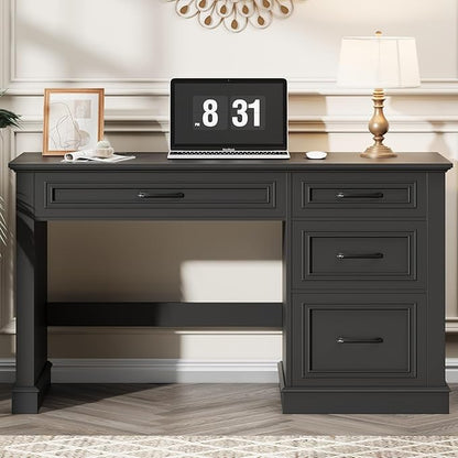 Farmhouse 47" Executive Desk, Computer Desk with Drawers and File Drawer, Workstation Computer Desk with Charging Station for Home Office, Study,Pure Black.