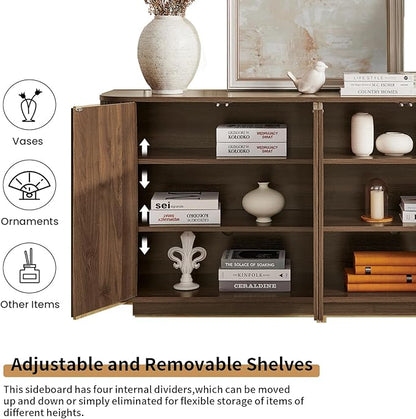 LKTART 64" Buffet Cabinet with Storage, Modern Fluted Accent Sideboard Media Console Credenza with Adjustable Shelves Pressed Spring for Kitchen Living Room,31.5" H (Walnut)