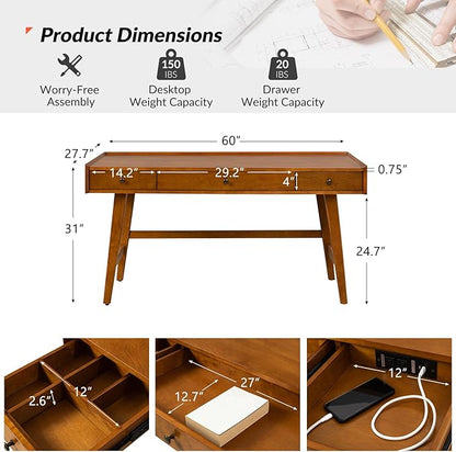 HULALA HOME Home Office Desk with 3 Drawers & Solid Wood Legs, Writing Table with Charging Station & Cable Management, Mid Century Modern Desk for Bedroom/Living Room/Study/Workstation, Acorn