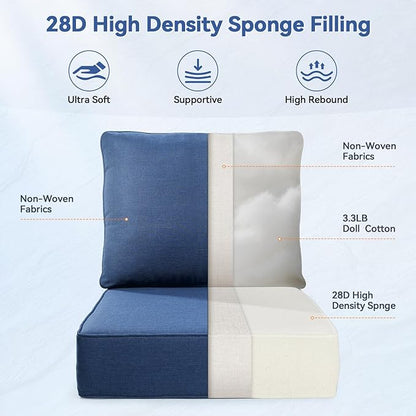 Luxury 6" Outdoor Cushions for Patio Furniture, 24x24x6" Thick Seat Cushion Set of 9, Fade Resistant Couch Chair Replacement Cushions High Density Deep Wicker Chair Cushion w/ Removable Cover, Blue