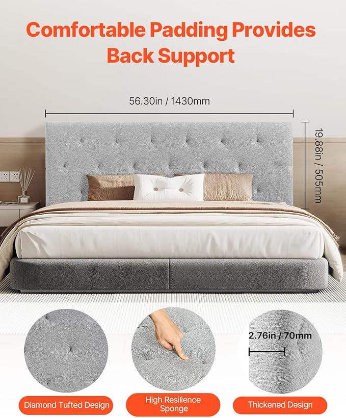 VEVOR Headboard, Full Size Headboard with Adjustable Height, Comfortable Diamond Tufted for Full Size Bed, W 56.3 x H（35.6-47.4） inches, Ideal for Bedroom, Hotel, Homestay, Dormitory, Light Grey