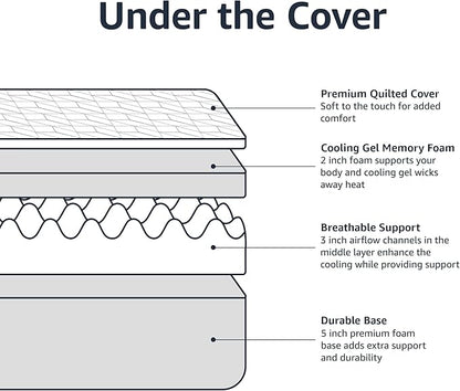 Amazon Basics Memory Foam Mattress, Medium Firm, Cooling Gel, Queen Size Mattress, CertiPUR-US® Certified Foam, 80 x 60 x 12 inches, White/Gray
