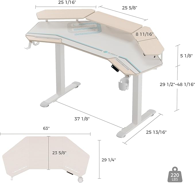 EUREKA ERGONOMIC Standing Desk,63" Electric Adjustable Height Computer Desk,Wing Shaped Music Studio Desk, LED Monitor Stands, Dual Motor&Slot, Maple