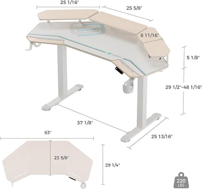 EUREKA ERGONOMIC Standing Desk,63" Electric Adjustable Height Computer Desk,Wing Shaped Music Studio Desk, LED Monitor Stands, Dual Motor&Slot, Maple