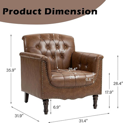 Faux Leather Accent Chairs Set of 4, Upholstered Armchairs with Nailhead Trims & Wood Legs for Living Room, Bedroom, Contemporary Comfy Club Chairs for Office-Brown