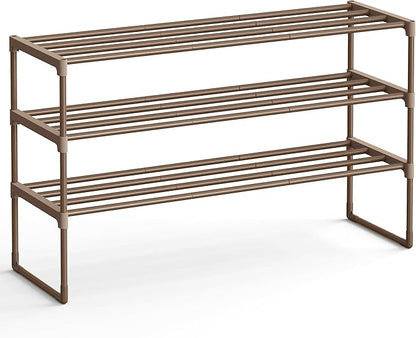 SONGMICS Shoe Rack, 3-Tier Shoe Organizer, Metal Storage Shelf, Upright or Upside Down, for 16-20 Pairs, Stackable, for Entryway, 11.8 x 36.2 x 21.7 Inches, Walnut Brown ULSA303K01