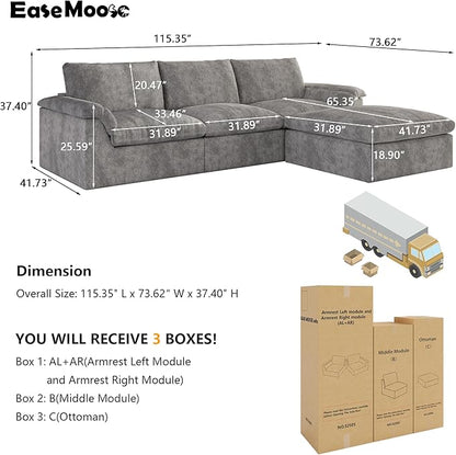 EASE MOOSE Oversized Sectional Cloud Couch for Living Room, L-Shaped Modular Boneless Sofa, Cloud Sofa Set with Fluffy Foam, 4-Seat Deep Comfy Sofa with Ottoman for Bedroom Apartment, Chenille (Grey)