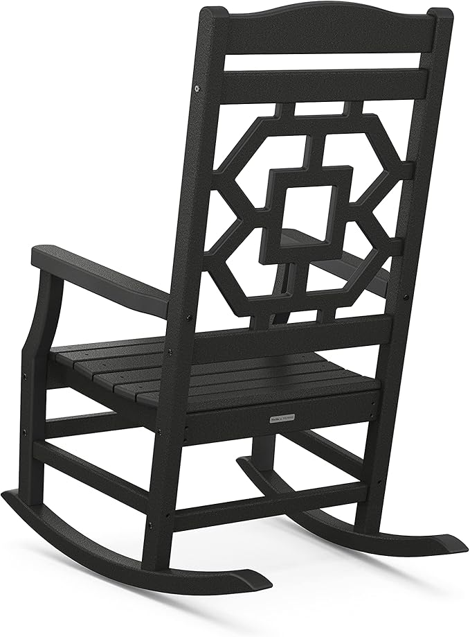 Martha Stewart by POLYWOOD Chinoiserie Outdoor Rocking Chair, Black, Durable HDPE All-Weather Patio Furniture with Decorative Lattice, Classic Porch Rocker for Deck, Garden & Backyard, Made in the USA