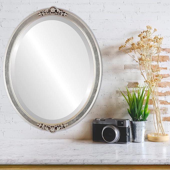 OVALCREST Oval Beveled Wall Mirror for Home Decor - Athena Style - Silver Leaf with Brown Antique - 21" x 17" Outside Dimensions