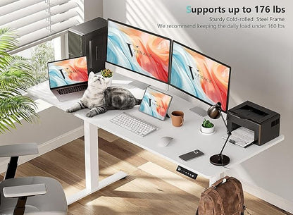 48 x 24 inch Electric Standing Desk Adjustable Height with 4 Wheels, 4 Memory Height Settings, 2 Headphone Hook, for Home Office, Splice Board White