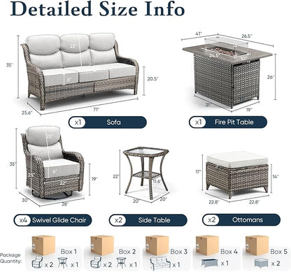 Belord Luxury 6" Thick Cushioned 10 Pieces Patio Furniture Set with Fire Pit Table, Wicker Outdoor Conversation Set with High Back Swivel Rocker Chairs for Deck Porch Yard and Poolside - Grey+Beige