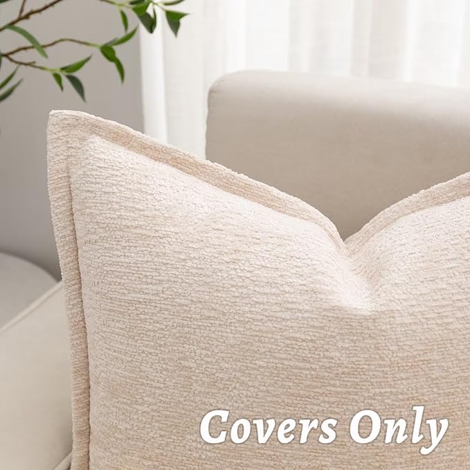 Beige Decorative Throw Pillow Covers 16x16 Inch Set of 2 Cozy Soild Chenille Cushion Cases Soft Textured Square Couch Pillows Cover Boho Accent Farmhouse Pillowcases for Sofa Bed