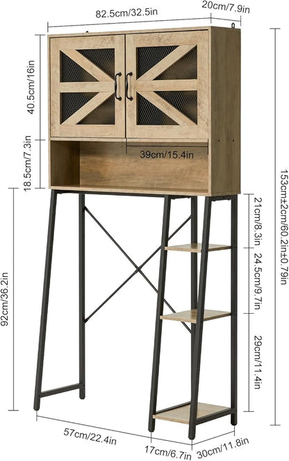 Extra Tall Over The Toilet Storage Cabinet with Side Storage, Modern Bathroom Space-Saving Organizer with Barn Doors, Sturdy Over-Toilet Shelf Unit for Bathroom