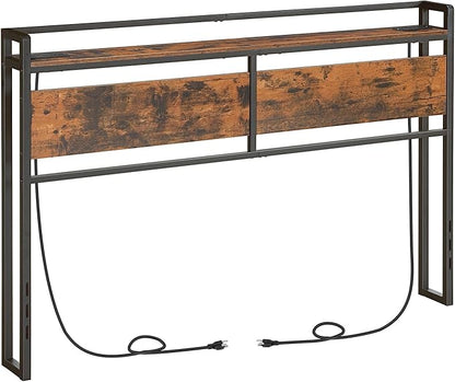 HOOBRO Headboard Queen Size, Headboard with 2 Outlets and 4 USB Ports, Adjustable Height, Storage Rack, Sturdy and Stable, Easy Assembly, Rustic Brown and Black