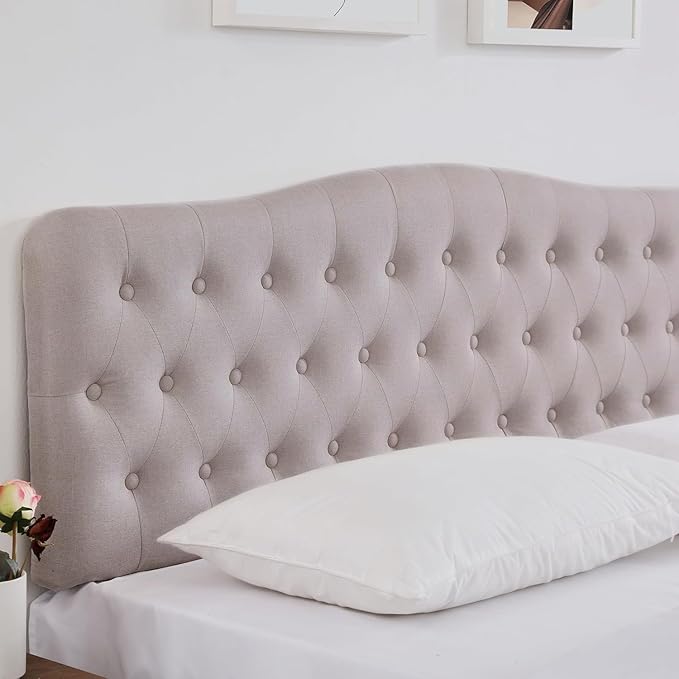 Upholstered Full Headboard, Button Diamond Tufted Headboard with Adjustable Height and Solid Wood Leg, Linen Fabric Padded Headboards for Full Size Bed, Mordern Head Board, Beige