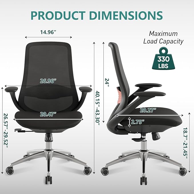 Ergonomic Mesh Office Chair, 330LBS Executive Desk Chair with Lumbar Support, 2D Armrests, Comfy Swivel Computer Task Chairs for Long Hours (Black)