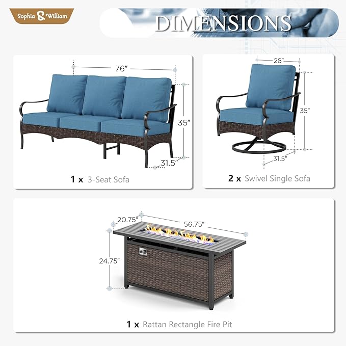 Sophia & William Patio Furniture Set with Fire Pit Table, 4 PCS Metal Outdoor Conversation Set with Fire Pit Table, 2 Swivel Chairs,3-Seater Couch for Outdoor Seating, Backyard, Porch(Navy)