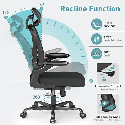 Ergonomic Office Chair Mesh Home Office Desk Chair with Adjustable Backrest and Headrest, Flip-up Armrests, Black