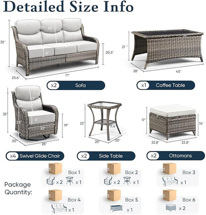 Belord Luxury 6" Thick Cushioned 11 Pieces Patio Furniture Set with Outdoor Couch, Wicker Outdoor Conversation Set with High Back Swivel Rocker Chairs for Deck Porch Yard and Poolside - Grey+Beige