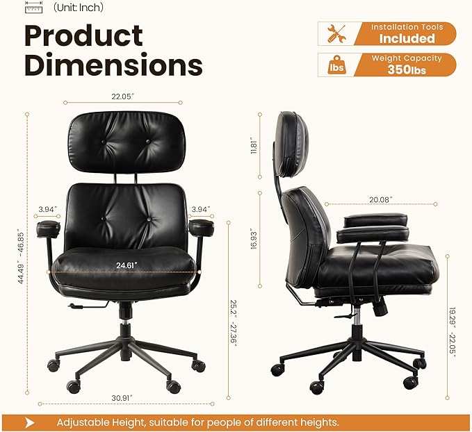 Home Office Desk Chair, Mid-Century Modern Office Chair with Adjustable Lumbar Support, Thickened Cushion Executive Desk Chair with 360 Rolling Swivel for Meeting Game Study Room(Black)