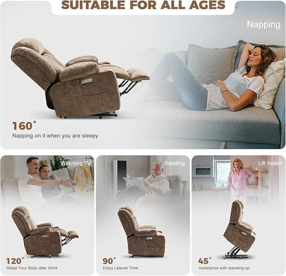 HUSFU Oversized Power Lift Recliner Chair with Massage and Heat for Elderly, Electric Leather Recliner with 2 Cup Holders, Side Pocket and USB Port,Brown