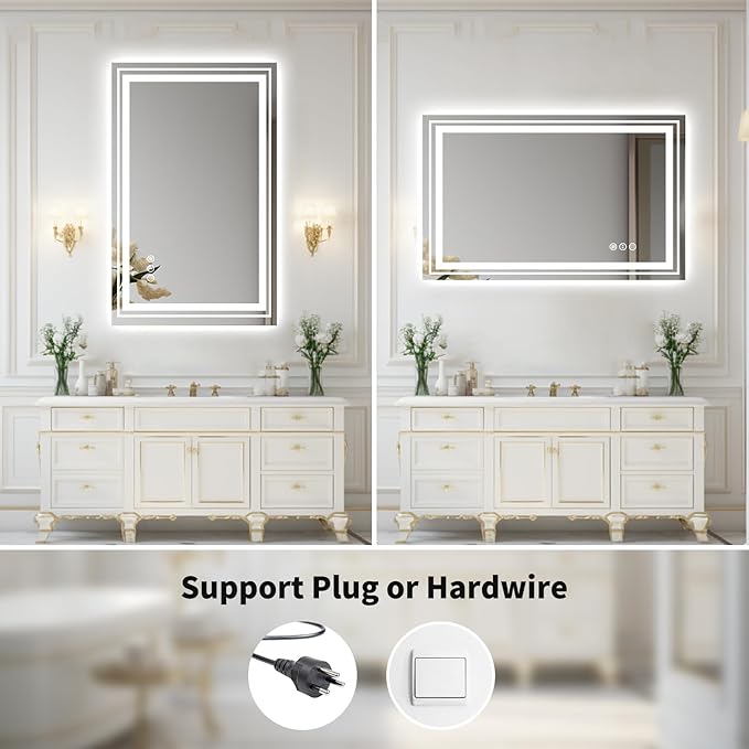 WTTY 48x36 LED Bathroom Mirror with Lights, Backlit and Front Lighted Bathroom Vanity Mirrors Wall Mounted, Double LED Vanity Wall Mirror for Bathroom with Anti-Fog, Dimmable, Memory, Shatter-Proof