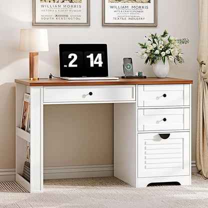 47" Home Office Desks, Executive Desk, Farmhouse Computer Desk with Drawers and Charging Station, File Drawer, Storage Cabinet, Rustic Computer Writing Desk,Antique White