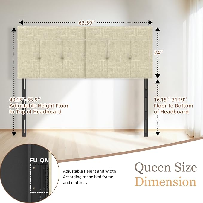 Headboard Queen Size Upholstered Linen, Queen Headboard with Sturdy Metal Legs, Tufted Upholstery Design Headboards with Adjustable Width & Height (Linen)