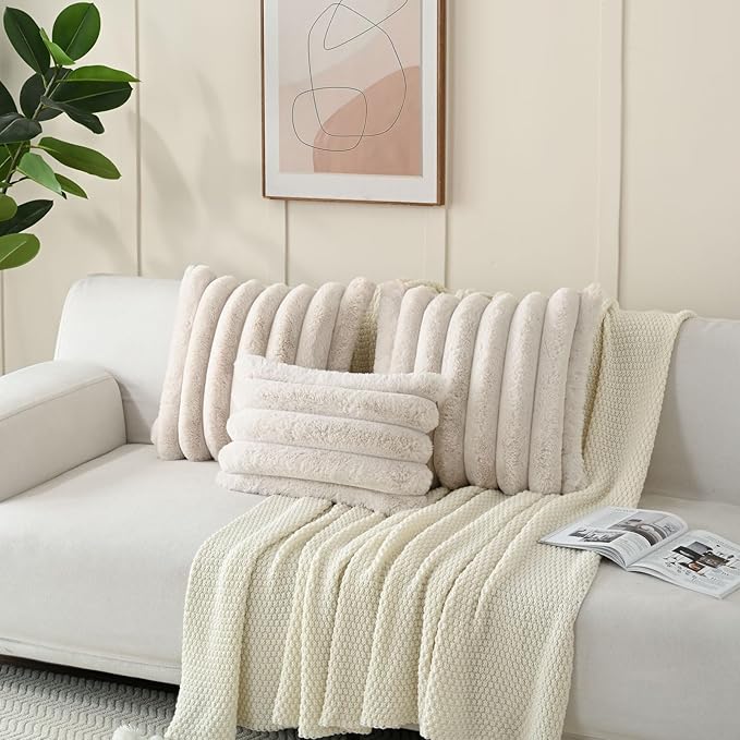 FUTEI Beige Decorative Throw Pillow Covers 22x22 Inch Set of 2, Square Soft Faux Rabbit Fur Thick Striped Cushion Cover,Winter Home Decor for Couch Bed Living Room