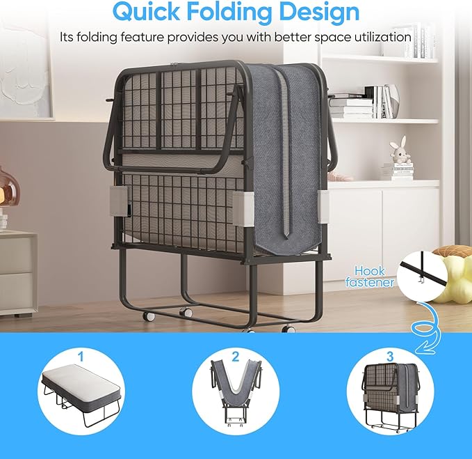 Mjkone Folding Bed with Mattress for Adults, 5 Inch Rollaway Bed for Adults, Space Saving Portable Bed with Lockable Wheels, Sturdy Metal Folded Frame and Memory Foam for Bedroom/Guest（75" x 46"）