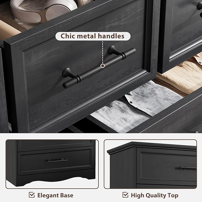 Black Farmhouse Dresser for Bedroom, Modern 7 Chest of Drawers, 47" Wide Chest of Drawers w/Brushed Metal Handle, Wood Dresser TV Stand and Storage Cabinet for Bedroom, Living Room, Hallway