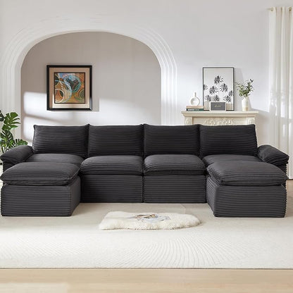 141.74" Sectional Couches for Living Room Modern Modular Sofa with U-Shape Couchs Upholstered Corduroy Boneless Couch Deep Seat Cloud Couch with Ottoman, No Assembly Required, Dark Gray