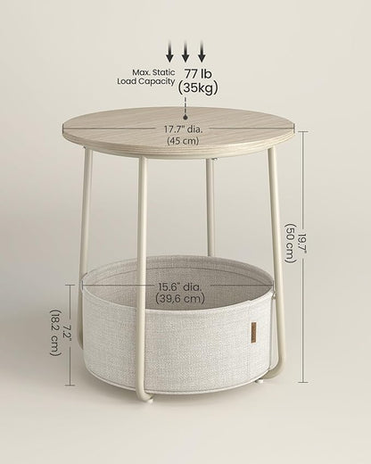 VASAGLE LILEA Collection - Small Round Side End Table, Modern Nightstand with Fabric Basket, for Living Room, Bedroom, Set of 2, Cream White ULET225LL01S