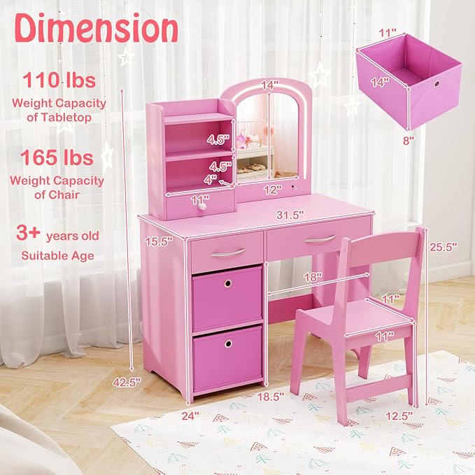 HONEY JOY Kids Vanity, Little Girls Vanity Set with Mirror and Stool and Lights, Wooden Princess Makeup Dressing Table, Storage Box & Shelf, Pretend Play Kids Vanity Table and Chair Set(Pink)