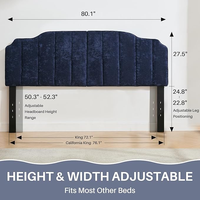 King Size Headboard Dark Blue Upholstered Headboard Adjustable Height&Width Chenille Headboards Modern Vertical Channel Design Bed Head Board, Dark Blue