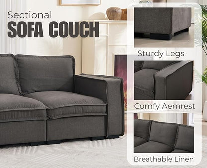 EALSON 93" Modular Sectional Sofa Comfy Cloud Couch with Ottoman Modern Convertible L Shape Couches with Wooden Legs Linen Deep Seat Couch 4-Seater Sofa for Living Room/Apartment, Grey